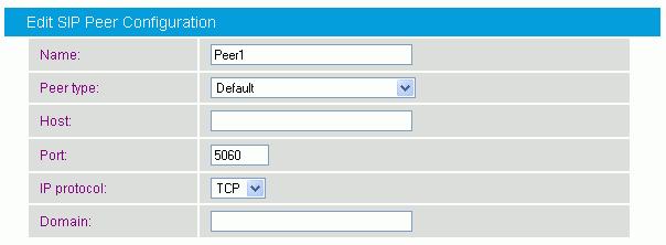 Edit SIP Peer Configuration You may configure the parameters shown in the graphic and explained below: Name: Peer type: Host: Port: IP protocol: Enter a name for the SIP peer.