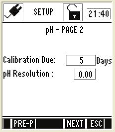 ph Settings Page 2 Figure 12: ph Settings - Page 2 Parameter Description Factory Default ph Calibration Due ph Resolution Specify number of days for the ph calibration alarm.