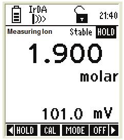 3. Ion Measurement Mode In Ion measurement mode, the meter displays Ion concentration (in ppm, molar or mg/l) and mv reading.