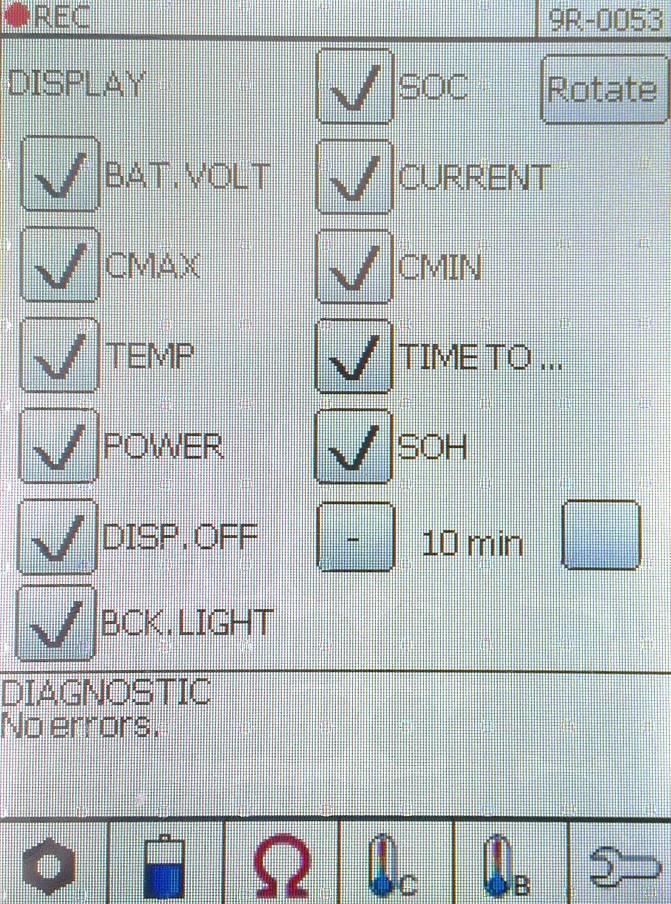 Figure 7: FES LCD settings. FES LCD display settings buttons description: Icon Description SOC Show/Hide SOC from the main parameters tab BAT.
