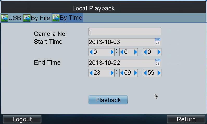 2. Input the Camera No. for playback. 3. Set the start time and end time of the video files for playback. 4.