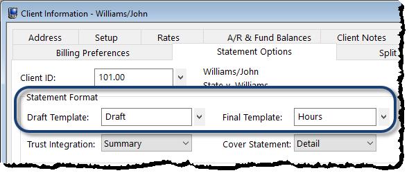 Fee Format tab Cost/Payment Format tab Layouts tab The Fee Format tab is used to determine whether fees print and, if so, whether timekeeper initials, dates, hours, hourly rates, and amounts are