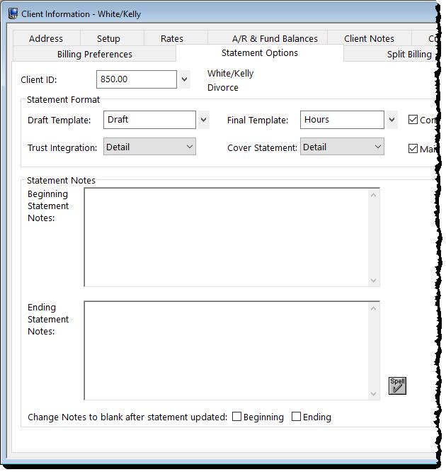 Figure 27, Client - Statement Options tab Setup tab A/R & Fund Balances tab Billing Options tab Billing Preferences tab The Setup tab of the Client file includes the billing frequency for defining