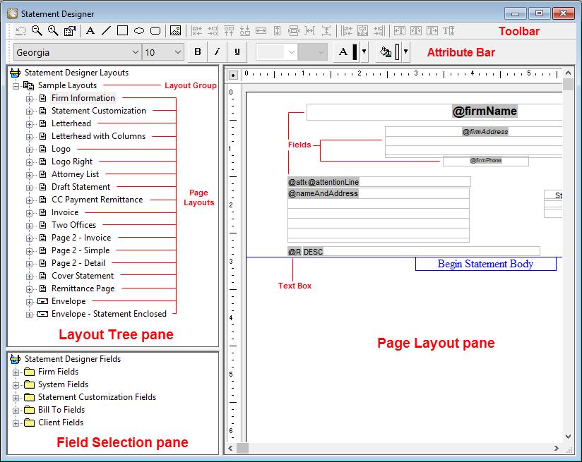 Figure 36, Statement Designer Layout Tree pane In the Layout Tree pane, you can manage the layout groups and page layouts. Each layout group consists of one or more page layouts.