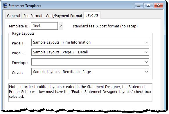 3. On the Layouts tab, in the Page Layouts section, select an existing layout for Page 1. 4. Optionally select an existing layout for Page 2, Envelope, and Cover. 5. Click to save the template.