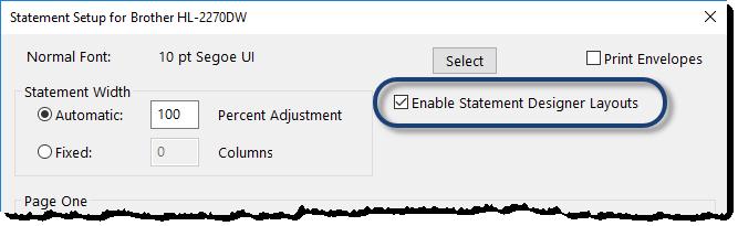Figure 38, Statement Setup - Enable Statement Designer Layouts check box More Info: Additional information on enabling Statement Designer Page Layouts can be found in Tabs3 Billing Help and in