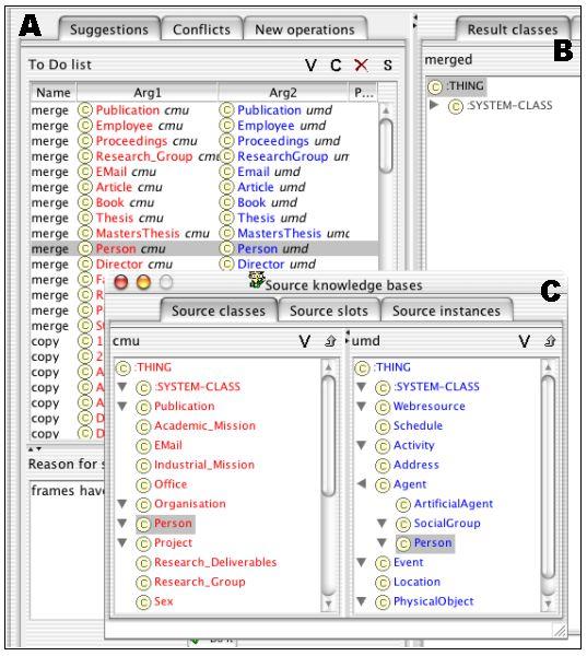 Figure 4: A screenshot of the iprompt tool. Part A shows initial iprompt s suggestions for the ontologies in Figure 2.
