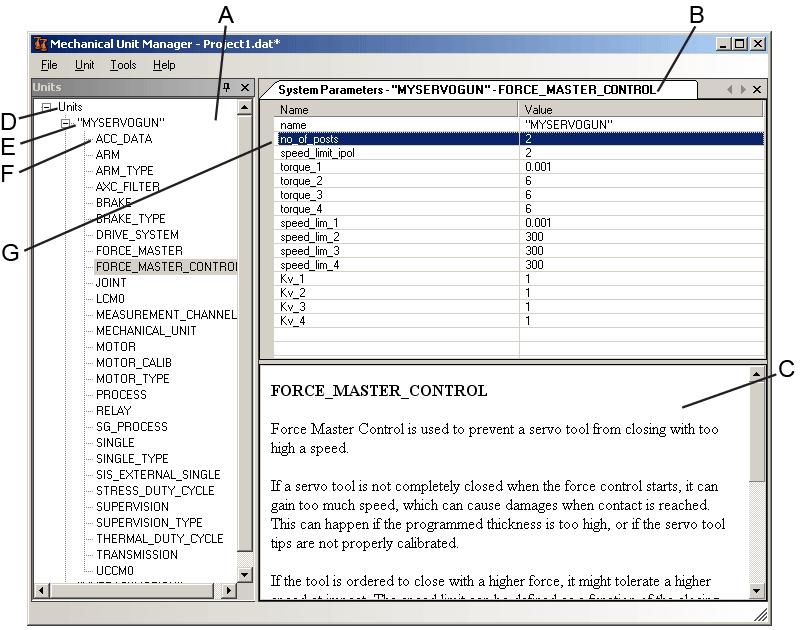 2 Using Mechanical Unit Manager 2.1. User interface Continued System parameter view en0700000145 Part number Term Description A unit view Tree structure for selecting unit and type.