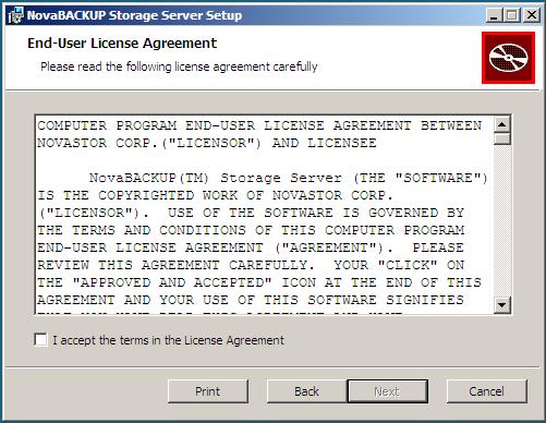 The NovaBACKUP Storage Server Setup Wizard will launch. Click [Next]. The End-User License Agreement will be displayed.