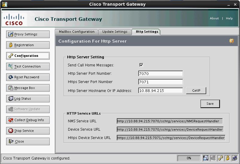 Figure 12. Cisco transport gateway configuration settings Step 10. Adjust the Linux firewall to accept connections on ports 7070 and 7071 (Figures 13 and 14). Step 11.