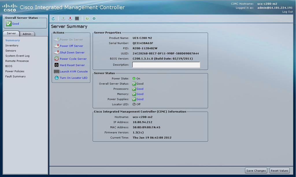 Figure 1. CIMC server summary screen Step 2. Connect and mount the ISO for Red Hat Linux before booting the server. Step 3. Launch the KVM console and power on the server.