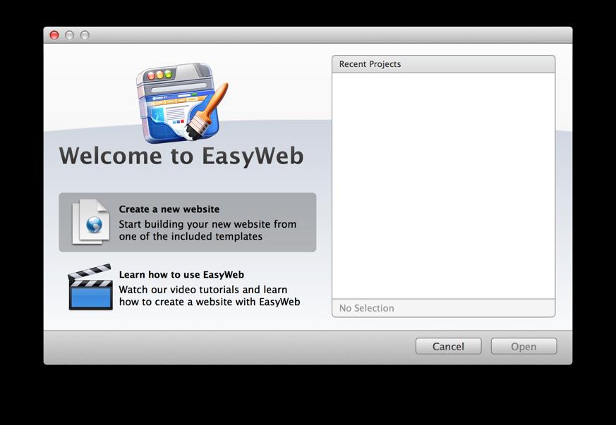 EasyWeb QuickStart EasyWeb makes it very easy to start building a website. When you first launch EasyWeb you will see your Projects window.