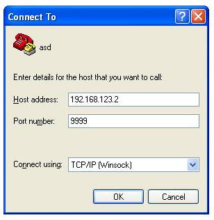 Start the Hyper Terminal application and select New Connection from the File drop down menu. The next screen is a Connect To dialog box. Select TCP/IP (Winsock) from the Connect drop down menu.