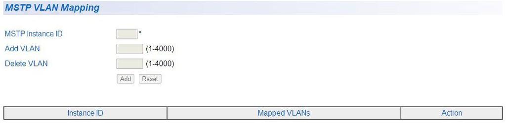 Chapter 5: Multiple Spanning Tree Protocol VLAN Mapping You can create, modify and delete MSTP settings with the procedures in the following sections: Open MSTP VLAN Mapping Page Create VLAN Mapping