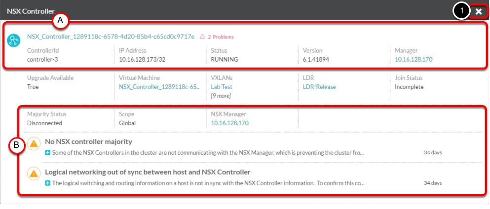 NSX Controller - Detail A - The controller query displays detailed information about controller-1 and relevant configuration.