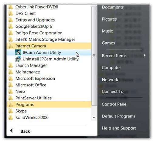 Click on 'IP Cam Admin Utility' to connect