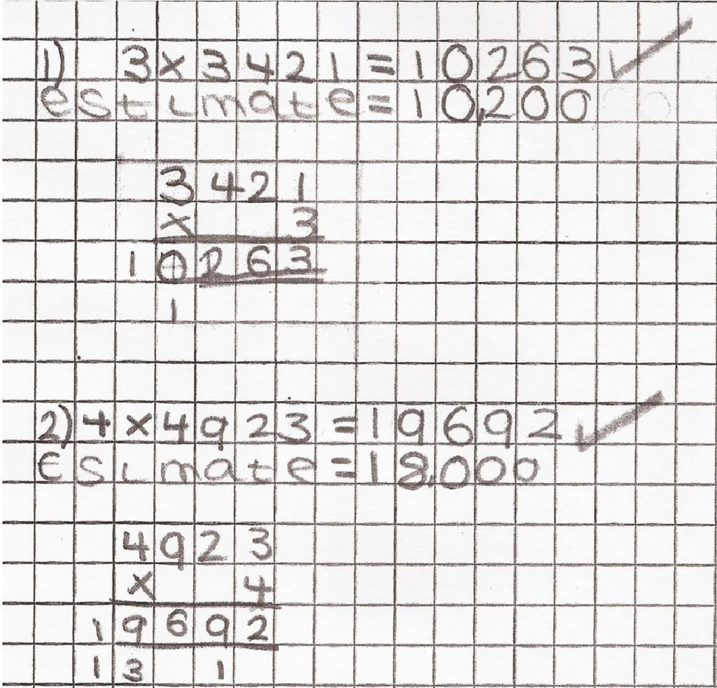 Use informal or expanded column methods for multiplication of four digit numbers by a single digit number.