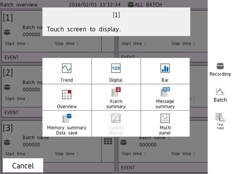 Recording status icon Recording start time File type Recording stop time Batch single screen display Displays the batch single screen icon.