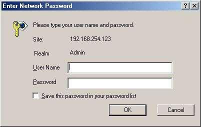 If you are being asked for a username and password on any of the pages, use the following: Default user name: user Default password: password You can change the user name and password by clicking on