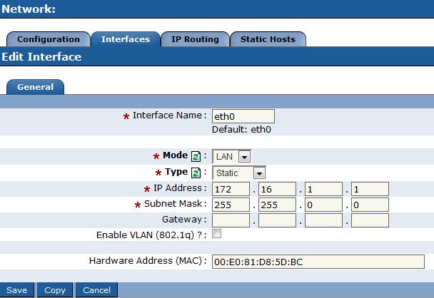 Network Configuration LAN Interface In this example the eth0 configuration from the lab exercise system is 1000.scopserv.local and the eth0 LAN interface is 172.16.1.1/16.