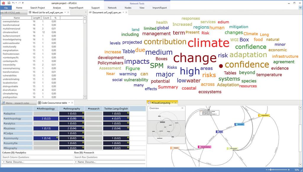 Word frequencies can be shown as an ATLAS.ti table, a word cloud, or exported to Excel.