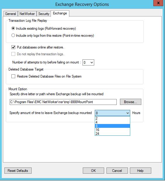 Granular-Level Recovery The mount path. The default mount path is the folder that is specified during installation. The amount of time that the backup is mounted.
