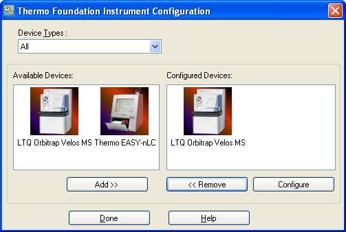 Configuration To configure the EASY-nLC VI software for the Xcalibur data system 1. From your data system computer, choose Start > Programs > Thermo Foundation 1.0 > Instrument Configuration.