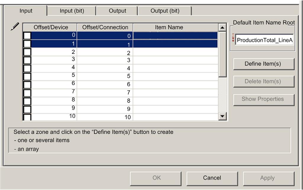 Creating Input Word Items To create input items for local slave 01: Step Action 1 Select the Input tab to open that page: NOTE: In this example, each row represents a byte.