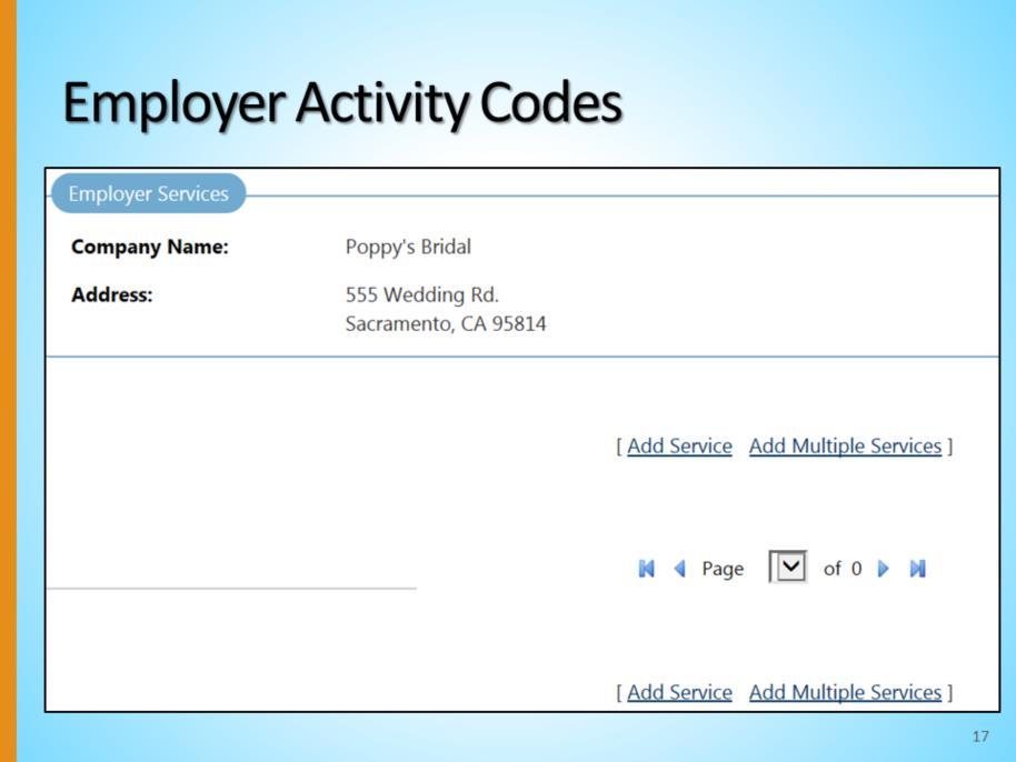 If applicable, here is where the existing activity codes will be listed for this employer. In our example, no services have been added.