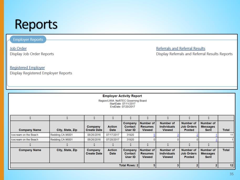 The reports in the Employer Reports category include Job Order, Registered Employer, and Referrals and Referral Results.