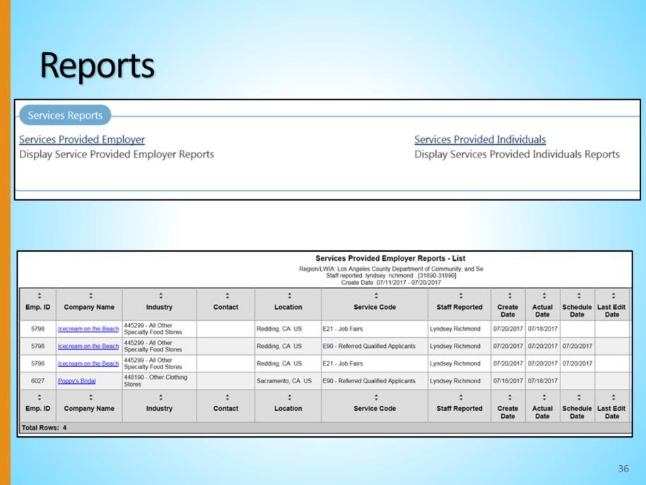 Within the Services Reports category, are the Services Provided Employer reports. These reports provide information about the services provided to employers by system staff.