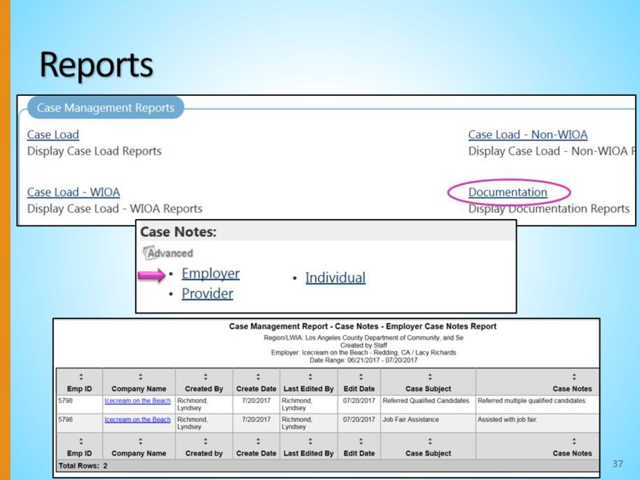 Within the Case Management Reports section, staff can utilize the Documentation reports to run case note reports.