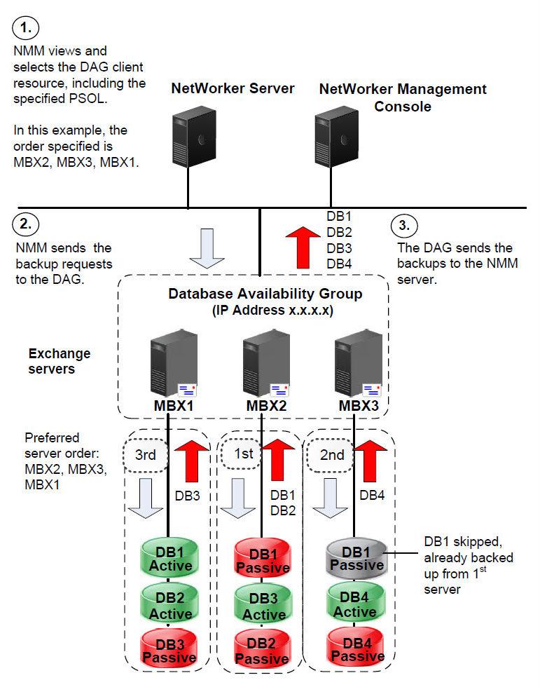 Exchange Server Backup Operations Figure 12 Example of an Exchange Server federated backup Configuring NetWorker privileges manually NMM requires that user groups have specific privileges to perform