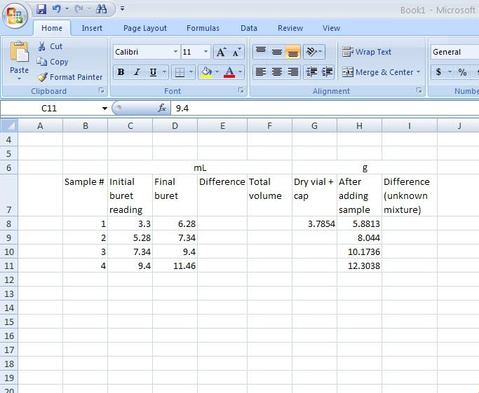 13. The raw data can now be entered into the spreadsheet.