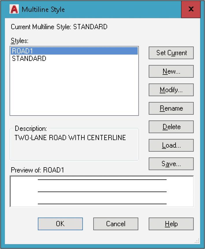 Creating Multiline Styles Access the MLSTYLE command to display the Multiline Style dialog box. See Figure 4B-3. Use the Multiline Style dialog box to define, edit, and save multiline styles.