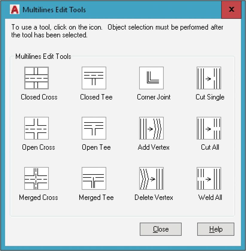 Editing Multilines The MLEDIT command allows limited editing of multiline objects using the Multilines Edit Tools dialog box. See Figure 4B-10.
