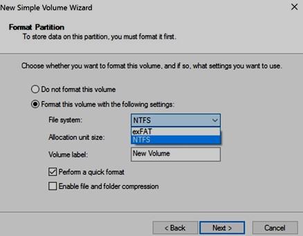 Delete a partition * Change a drive file system type 1) Right-click on the Unallocated drive and select New Simple Volume 2) Follow the instructions from the New Simple Volume Wizard Use the default