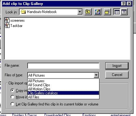 After using the CD-ROM installation, you must manually insert the clip art package into the clip art gallery to make it available to the user. To do so: 1. Start Microsoft Word (or Excel/PowerPoint).