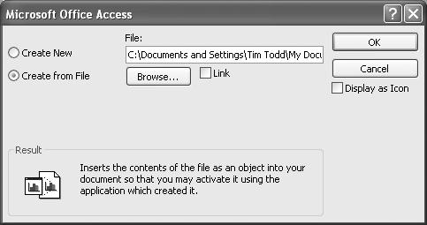 Inserting an Object from a File There are several ways to embed or link an object from a file. If you want to embed a new object that you create from scratch, you can use the Insert Object command.