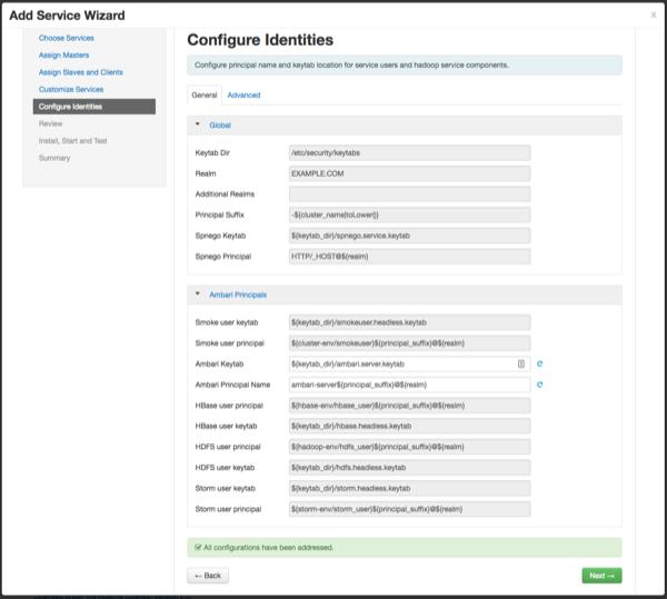 2.2.4. Configure Identities If Kerberos is enabled, the Configure Identities page appears. Click Next to continue with the installation. 2.2.5.
