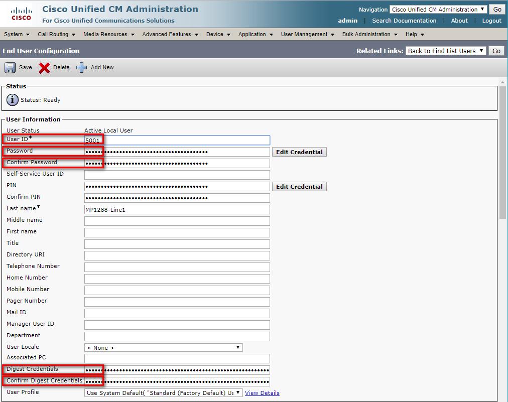 MP-1288 with Cisco CUCM The following is a screen capture of a typical end user: Figure 3-3: Typical End User Configuration 2. Enter the unique end user identification name.