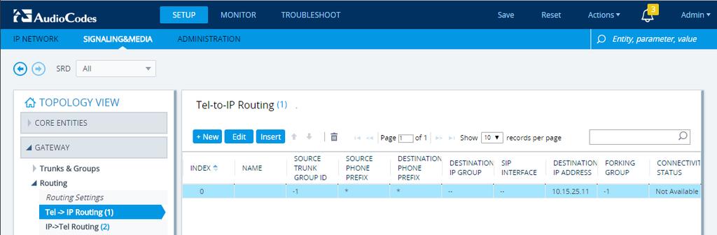 Configuration Note 4. Configuring AudioCodes MP-1288 Figure 4-10: Tel-to-IP Routing Table 3. Configure the entry as shown in the screen above (to send all messages from Tel to Cisco CUCM). 4. Click Apply.
