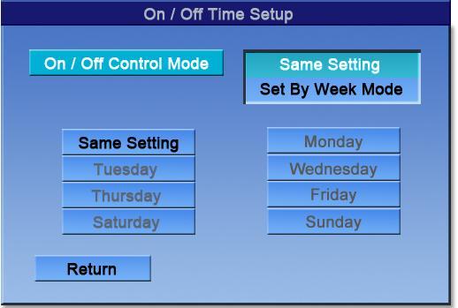 On/Off Time Setup: Two settings: "Same Setting" and "Set By Week Mode". When select "Set By Week", open On/Off Time Setup to set time by week mode.