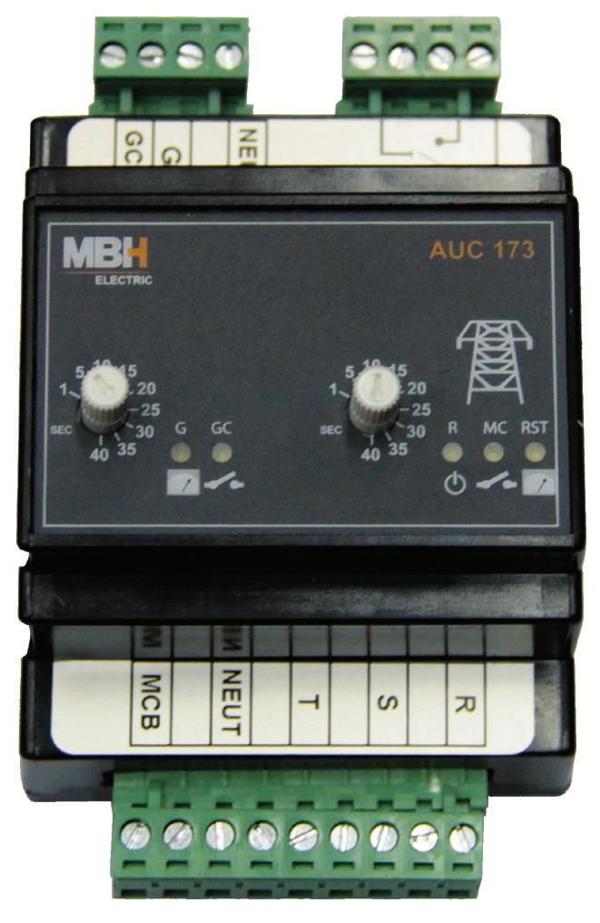 MBH ELECTRIC AU AUTOMATIC TRANSFER SWITCH AUC 173 DIN RAIL MOUNTED Features DIN Rail mounted. No DC supply required. Adjustable MCB and GCB delays. 10A/250VAC MCB and GCB outputs.