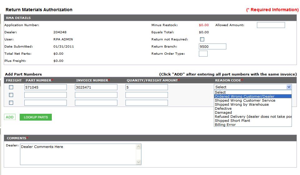 RMA Process 1. Click on RMA Inquiry tab. 2. Click on Add New. 3. You will see the Return Materials Authorization screen.