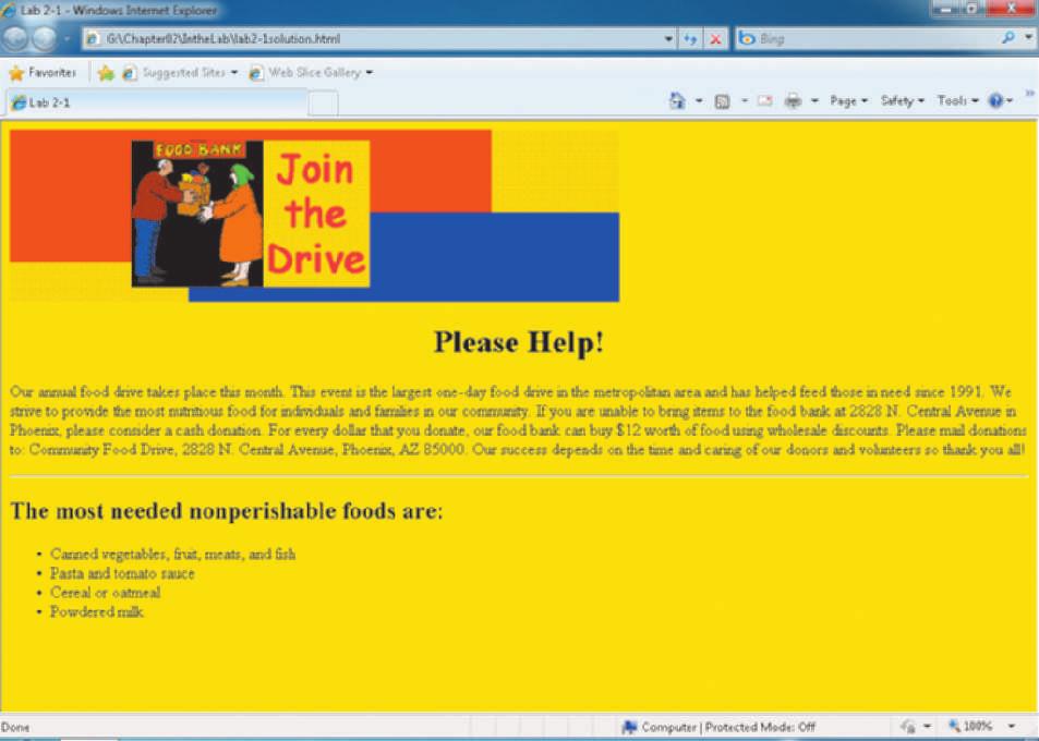 HTML 84 HTML Chapter 2 Creating and Editing a Web Page Using Inline Styles In the Lab STUDENT ASSIGNMENTS Lab 1: Creating a Food Drive Web Page Problem: You did volunteer work for the Community Food