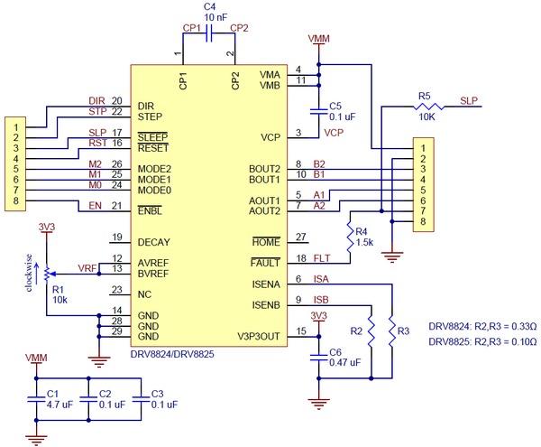 Schematic diagram for the DRV8824/DRV8825 stepper motor driver carrier. The current sense resistors (R2 and R3) on the DRV8825 carrier are 0.100 Ω.