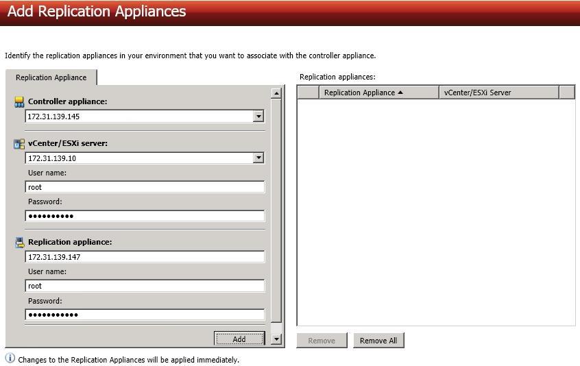 Adding replication appliances From the Add Replication Appliances page, you can associate replication appliances to controller appliances.