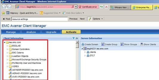 Active Directory information appears on the left side of the Avamar Client Manager window, as shown in Figure 44.