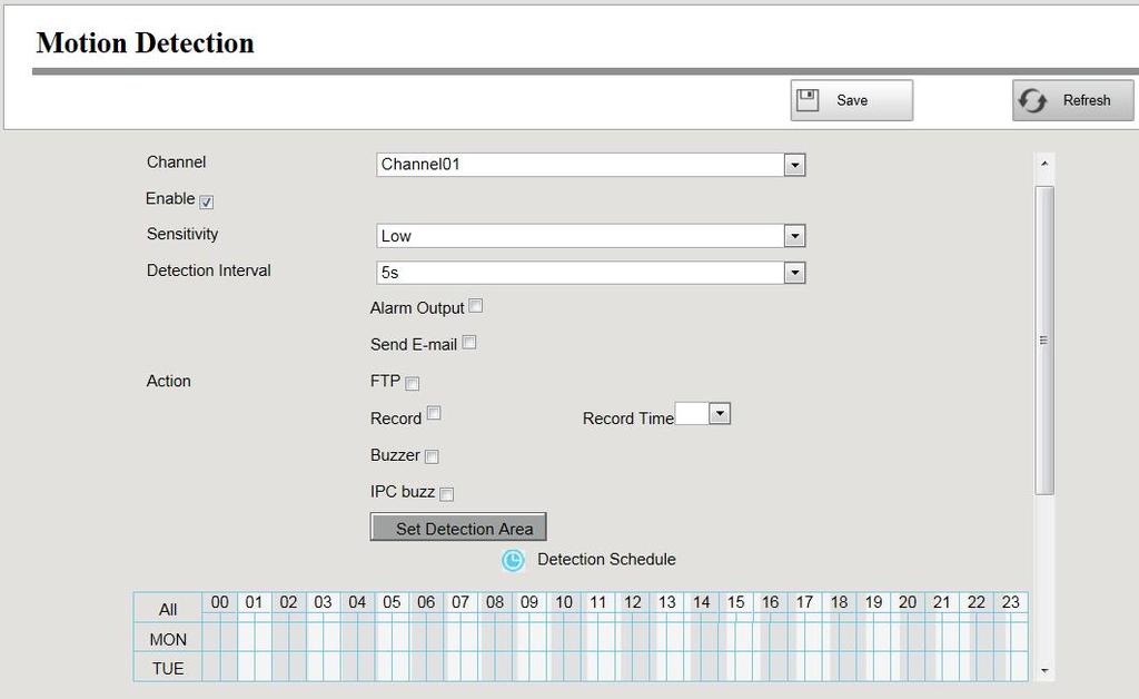 Step1 Step2 Step3 Step4 Select channel from drop-down box list. Check the Enable checkbox to enable motion detection function. Select the Sensitivity and Detection Interval.